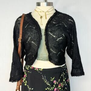 Black Mohair Blend Knit Cropped Cardigan Sweater XL Fairy Grunge Whimsigoth